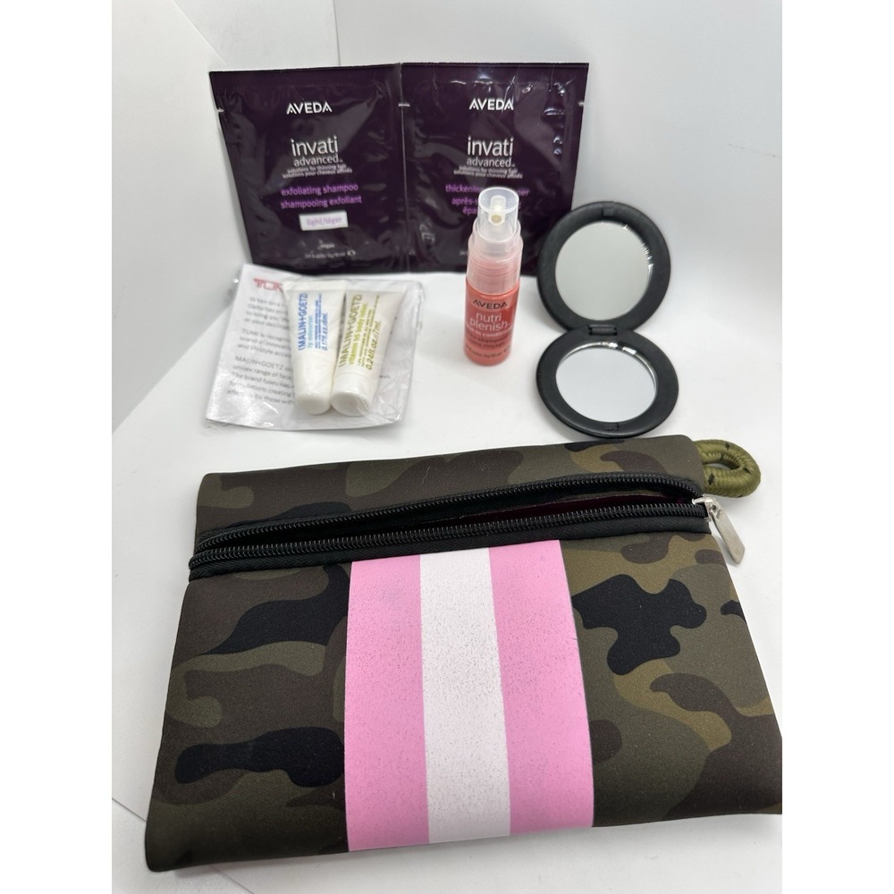 Aveda Invati NutriPlenish Hair Care Set Malin+Goetz Travel Kit Camo Makeup Bag